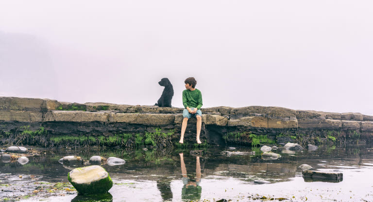 Hund og gutt som sitter ved et vann.