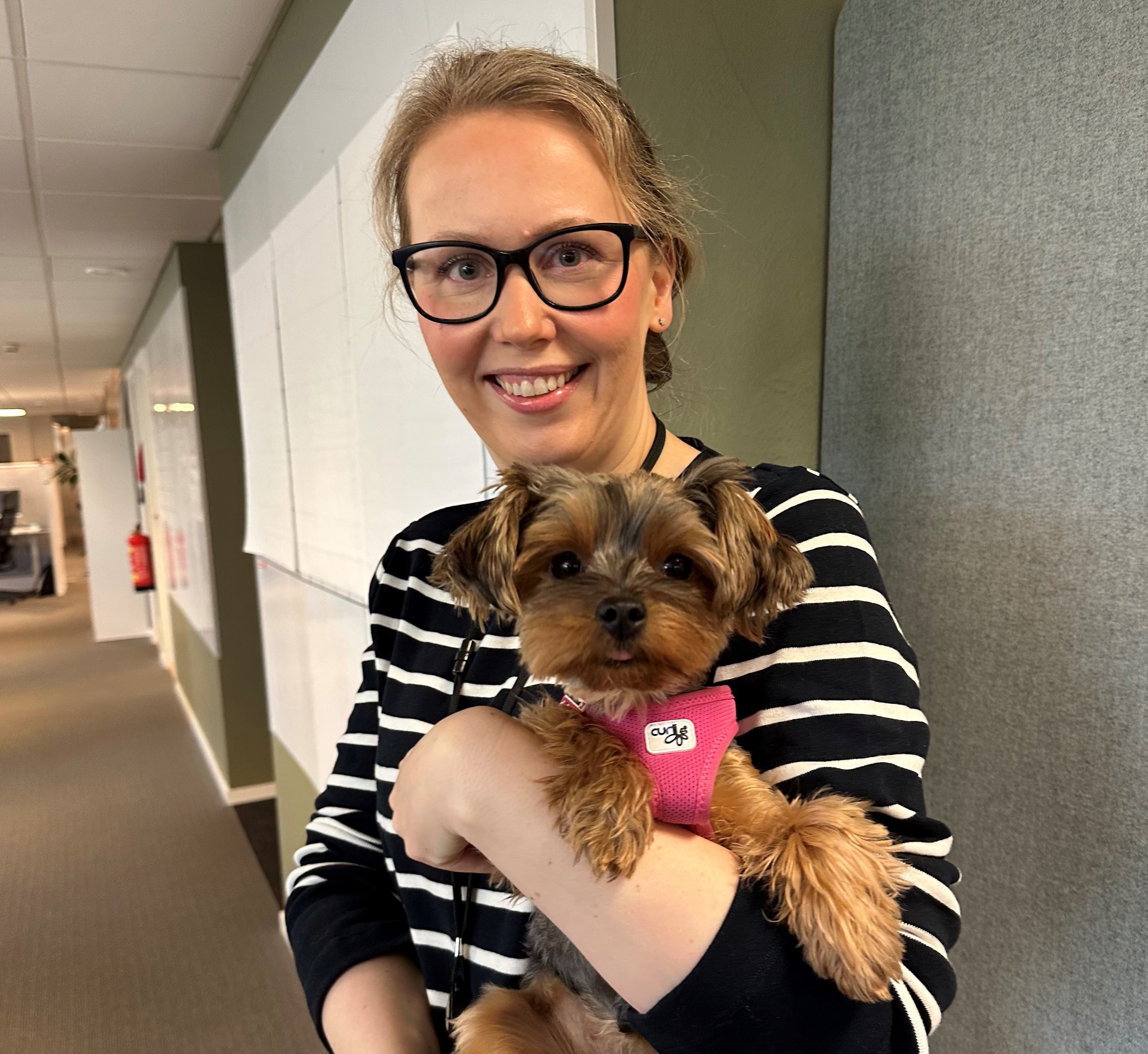Dame som holder en liten hund
