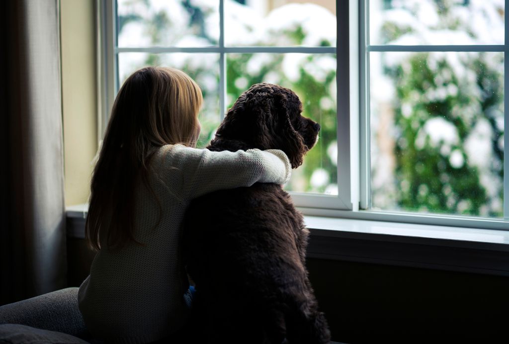 Et barn og en hund som titter ut av vinduet sammen