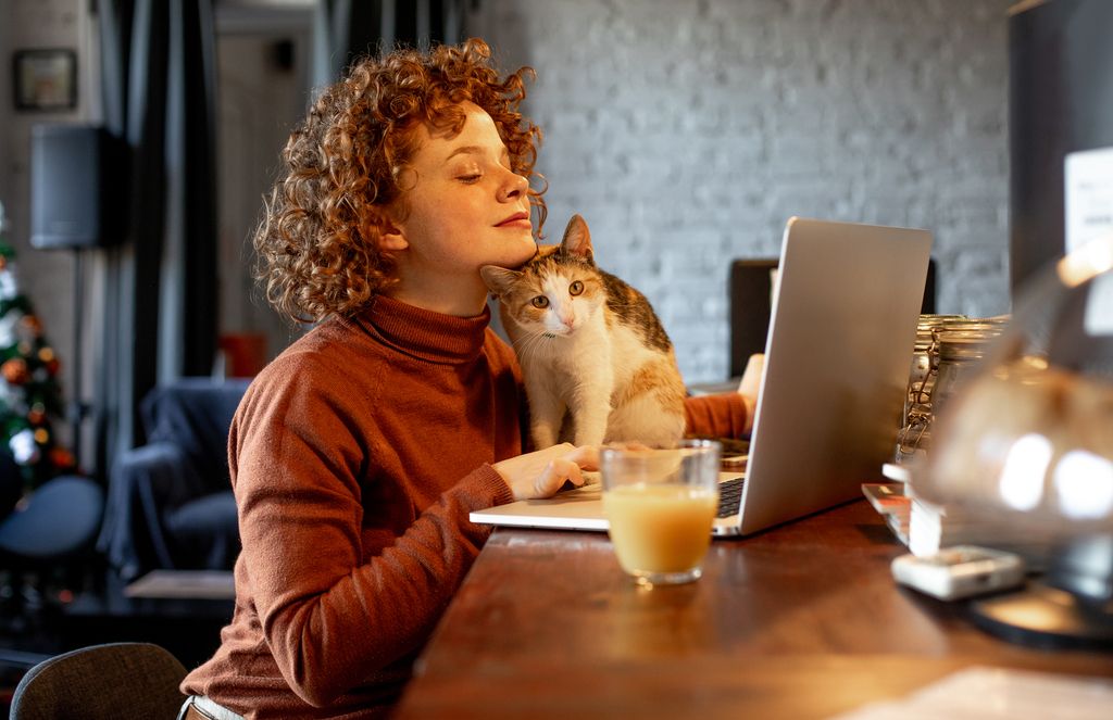 Dame og katt som sitter ved et bord med en bærbar pc 