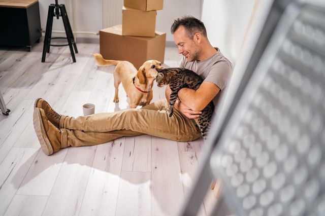 Mann som sitter på gulvet med en hund og en katt