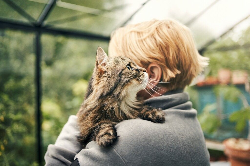Dame som holder en katt på skulderen