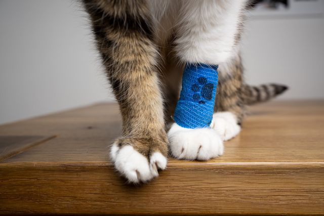 Katt med bandasje rundt en sårskade.