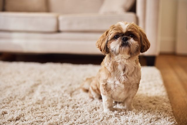 Hund tisser på gulvteppe