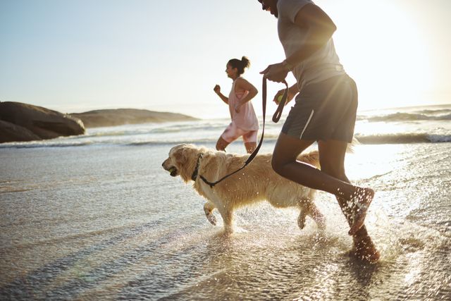 To personer og en hund som jogger i vannkanten