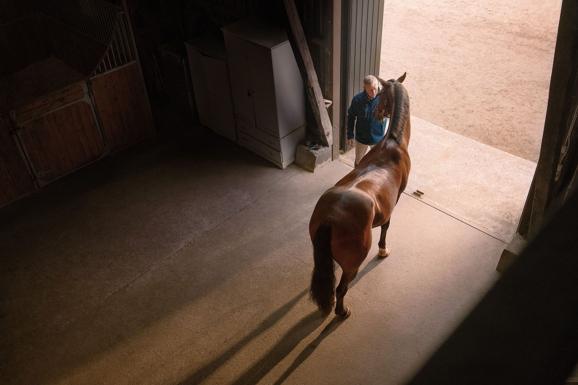 Hest og rytter på stallgangen