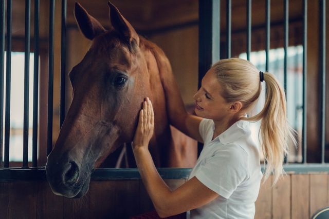 Kvinne klapper hest på stallen