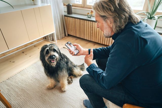 Mann får hjelp av Veterinærrådgivning via mobil.
