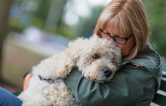 Dame som gir en klem til en krøllete hund.