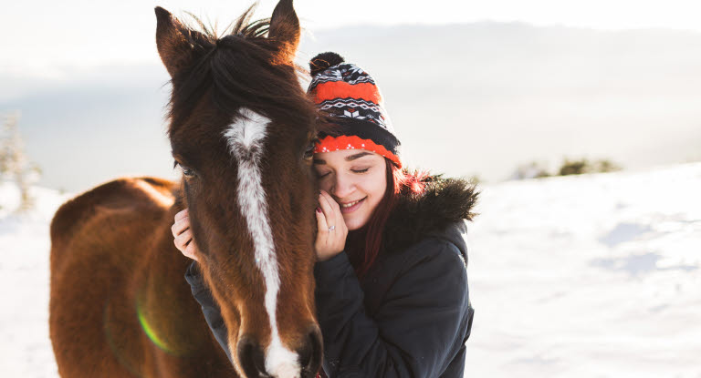 Hest og dame i vinterlandskap