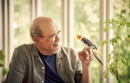 Eldre mann som holder en fugl i hånden sin.