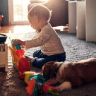 Baby som leker og hund som sover