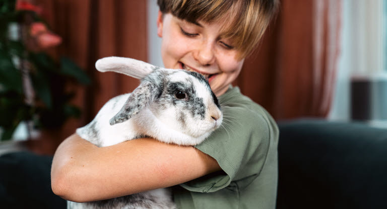 Gutt som tar vare på kaninen sin