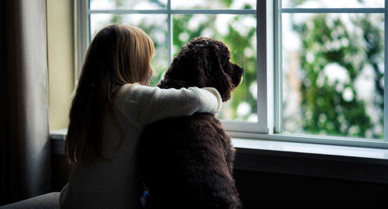 Et barn og en hund som titter ut av vinduet sammen