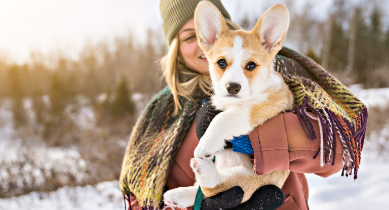 Dame som holder en valp ute i vinterlandskap
