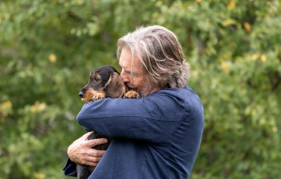 Man som holder og klemmer en dachs.